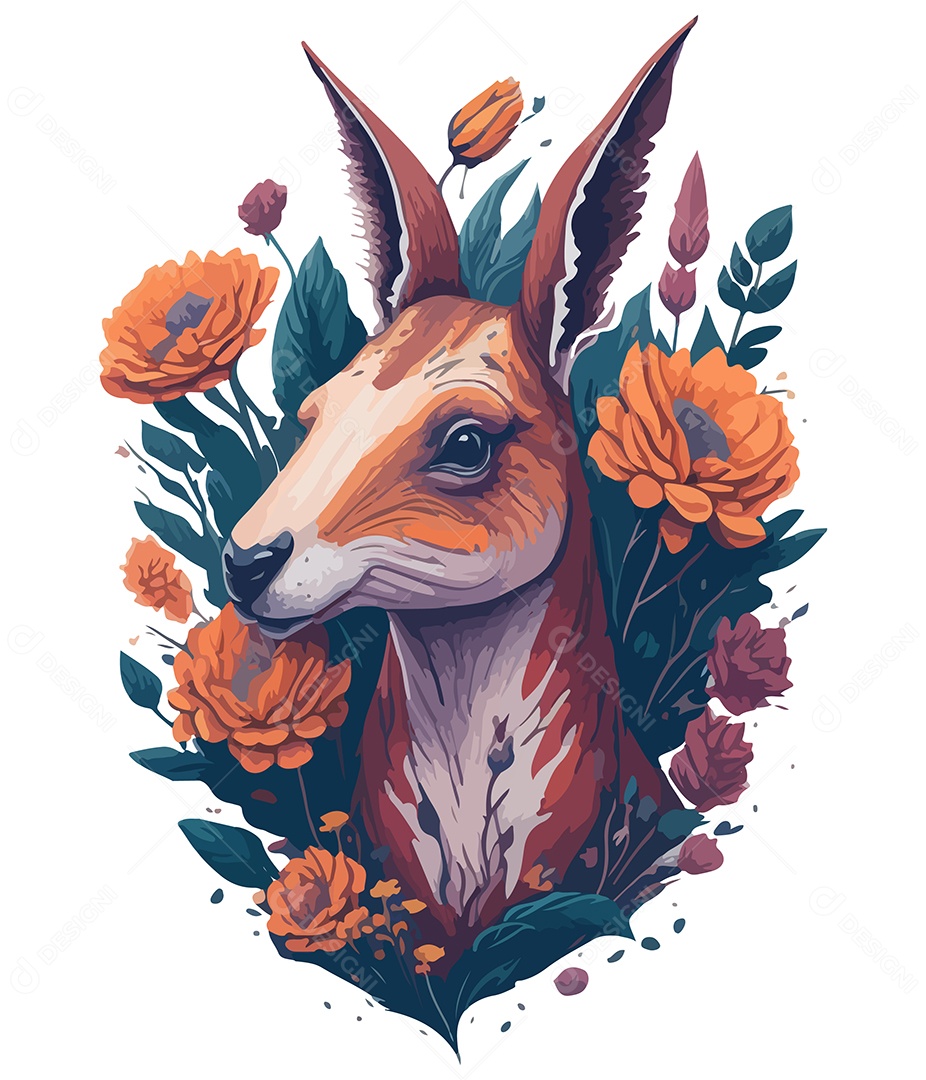 Ilustração 3D Canguru Com Flores EPS Editável