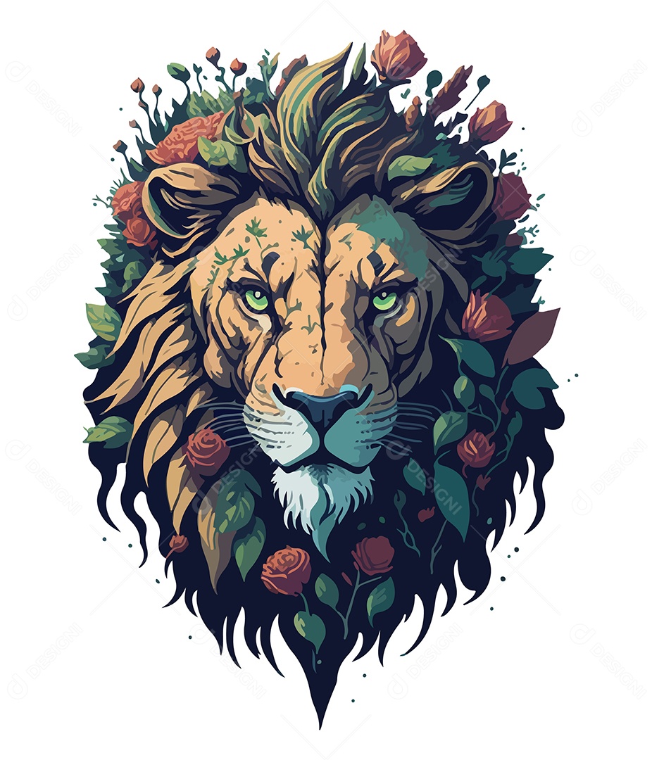 Ilustração 3D Leão Com Flores EPS Editável