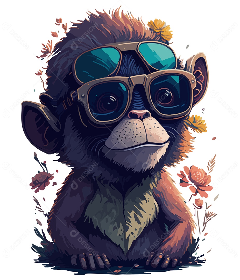 Ilustração 3D Macaco Com 2 Óculos e Flores EPS Editável