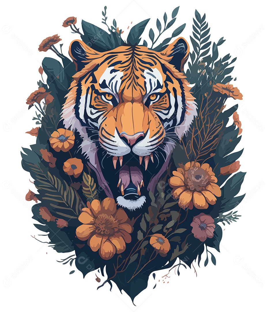 Ilustração 3D Tigre Com Flores EPS Editável
