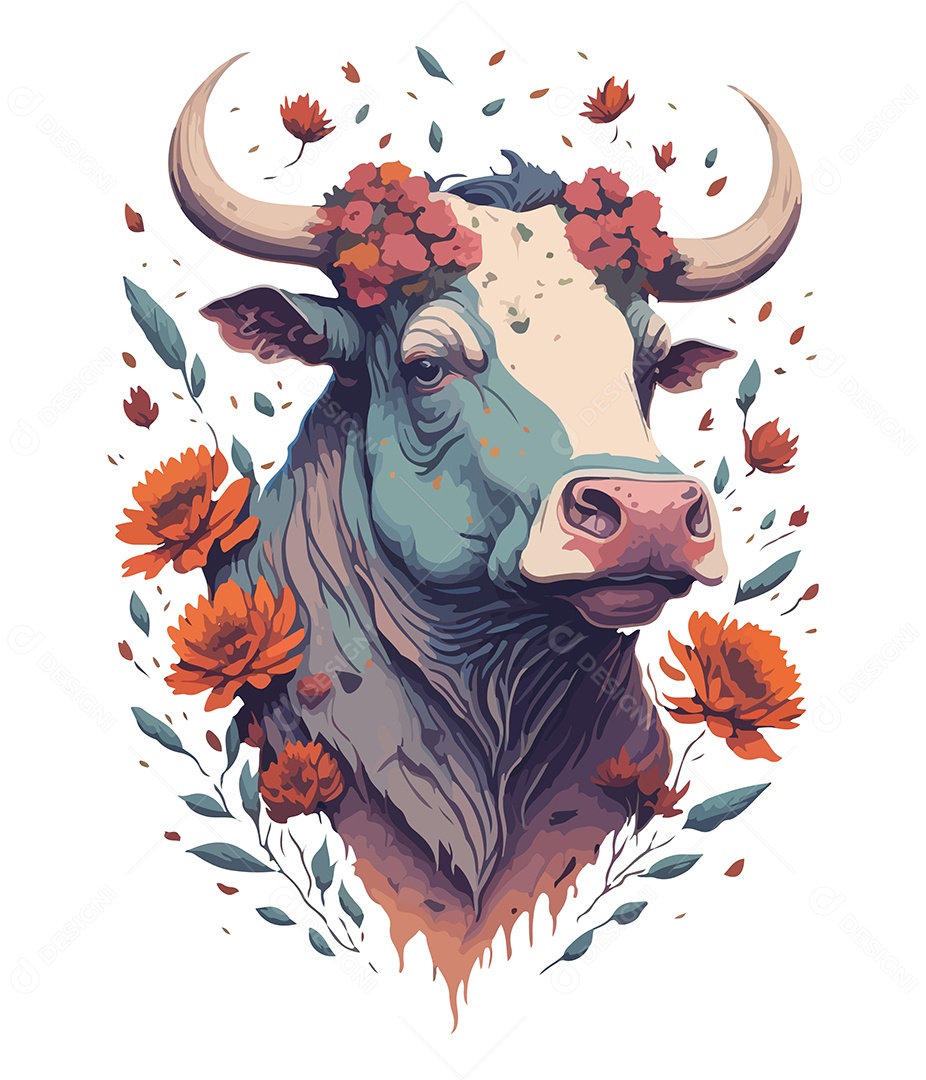 Ilustração 3D Vaca Com Flores EPS Editável