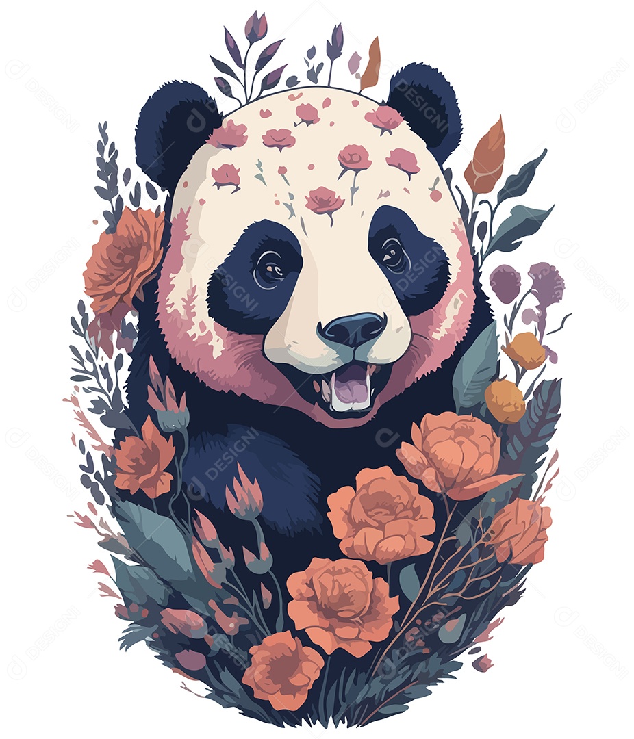 Ilustração 3D Urso Panda Com Flores EPS Editável