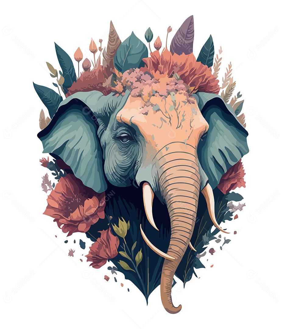 Ilustração 3D Elefante Com Flores EPS Editável