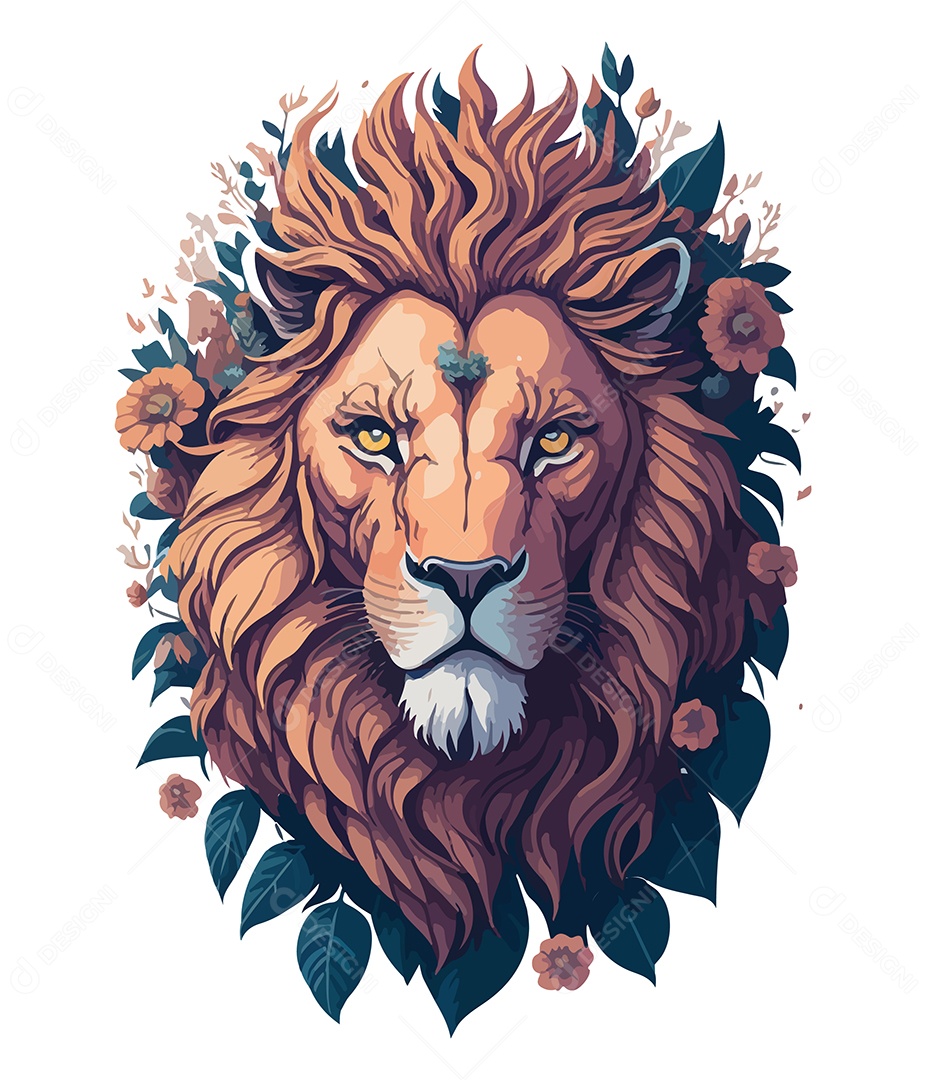 Ilustração 3D Leão Com Flores EPS Editável