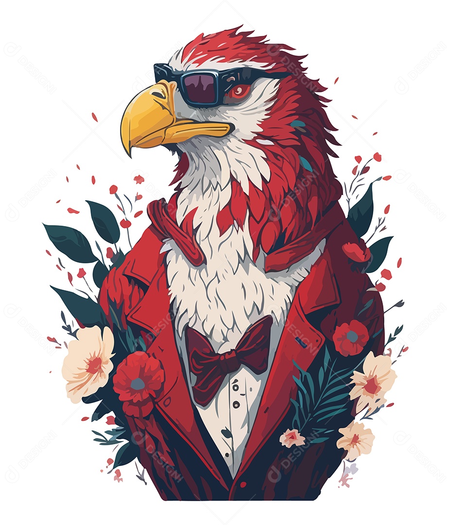 Ilustração 3D Águia De Óculos e Flores EPS Editável