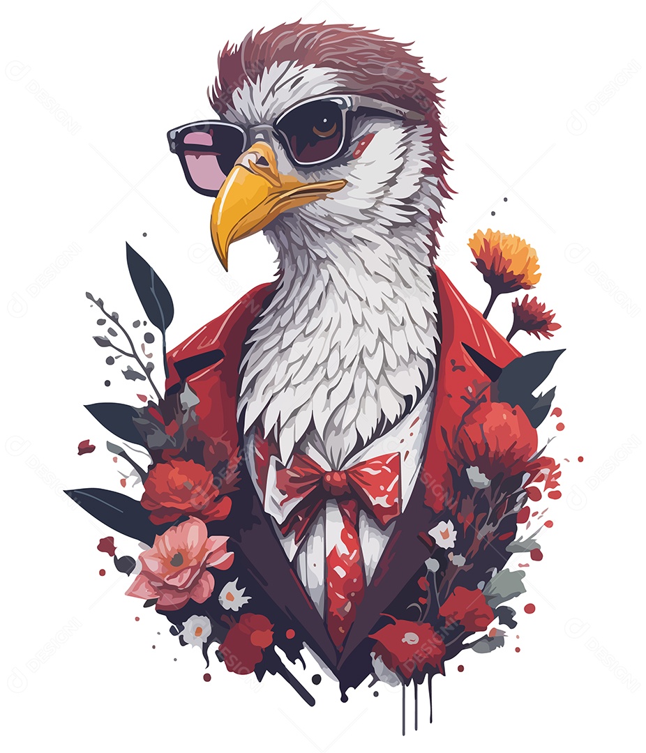Ilustração 3D Ave De Óculos e Flores EPS Editável