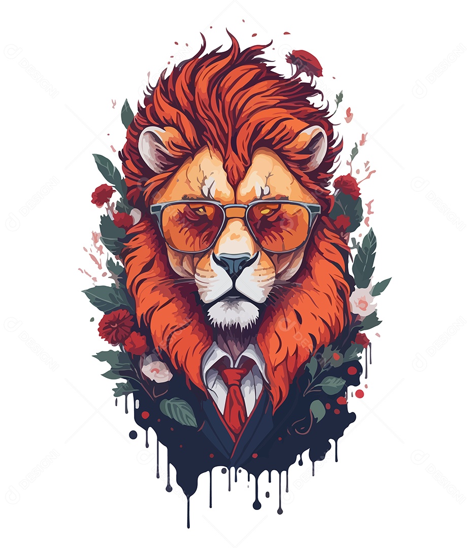 Ilustração 3D Leão De Óculos e Flores EPS Editável