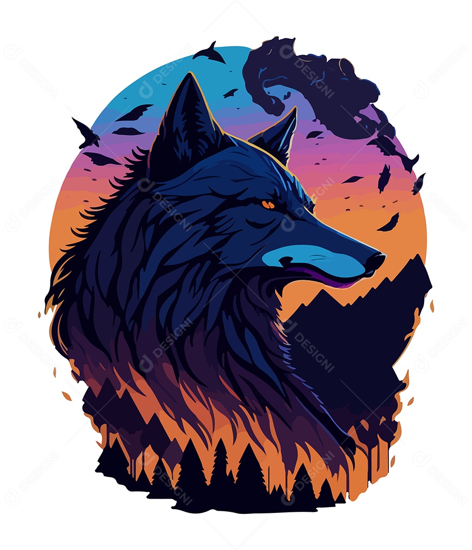 Ilustração 3D Lobo e Paisagem EPS Editável