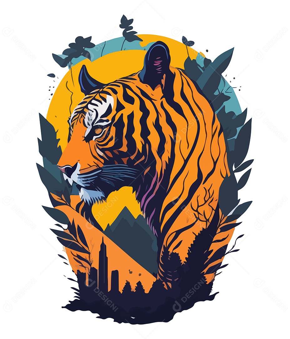 Ilustração 3D Tigre e Paisagem EPS Editável