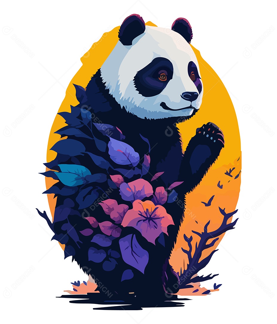 Ilustração 3D Urso Panda e Paisagem EPS Editável