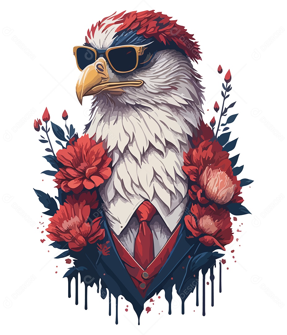 Ilustração 3D Águia Óculos e Flores EPS Editável