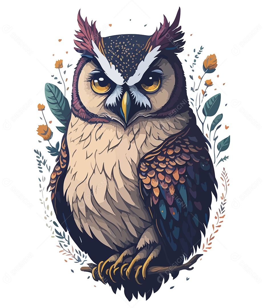 Ilustração 3D Coruja Em Galho Com Flores EPS Editável