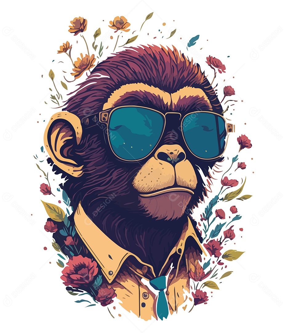 Ilustração 3D Macaco Com Óculos e Flores EPS Editável