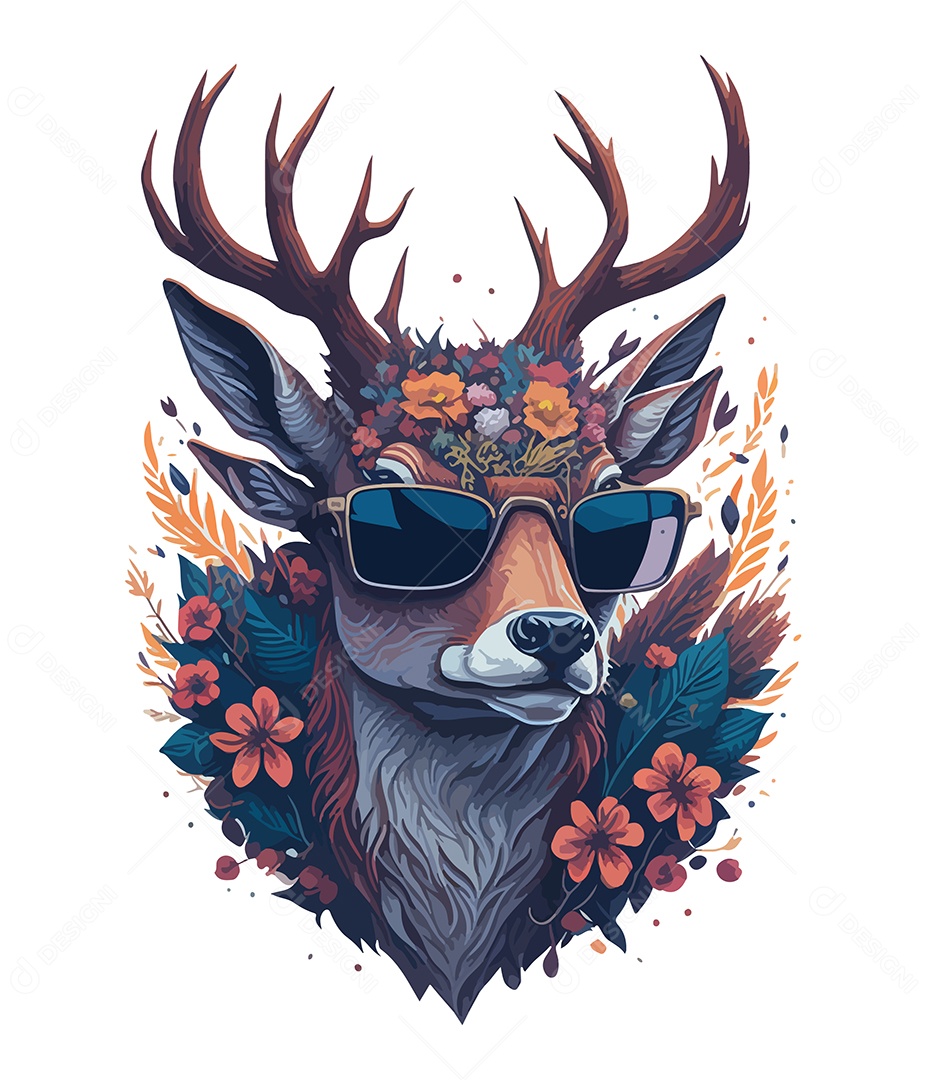 Ilustração 3D Cervo Com Óculos e Flores EPS Editável