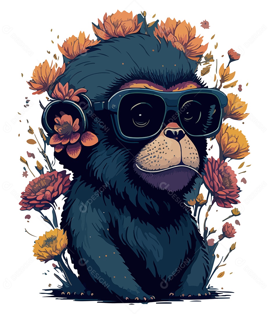 Ilustração 3D Macaco Com Óculos e Flores EPS Editável