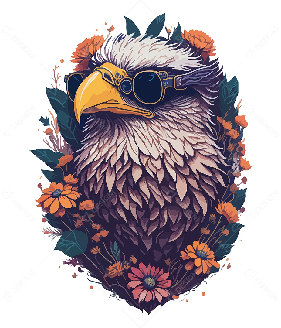 Ilustração 3D Águia De Óculos Com Flores EPS Editável