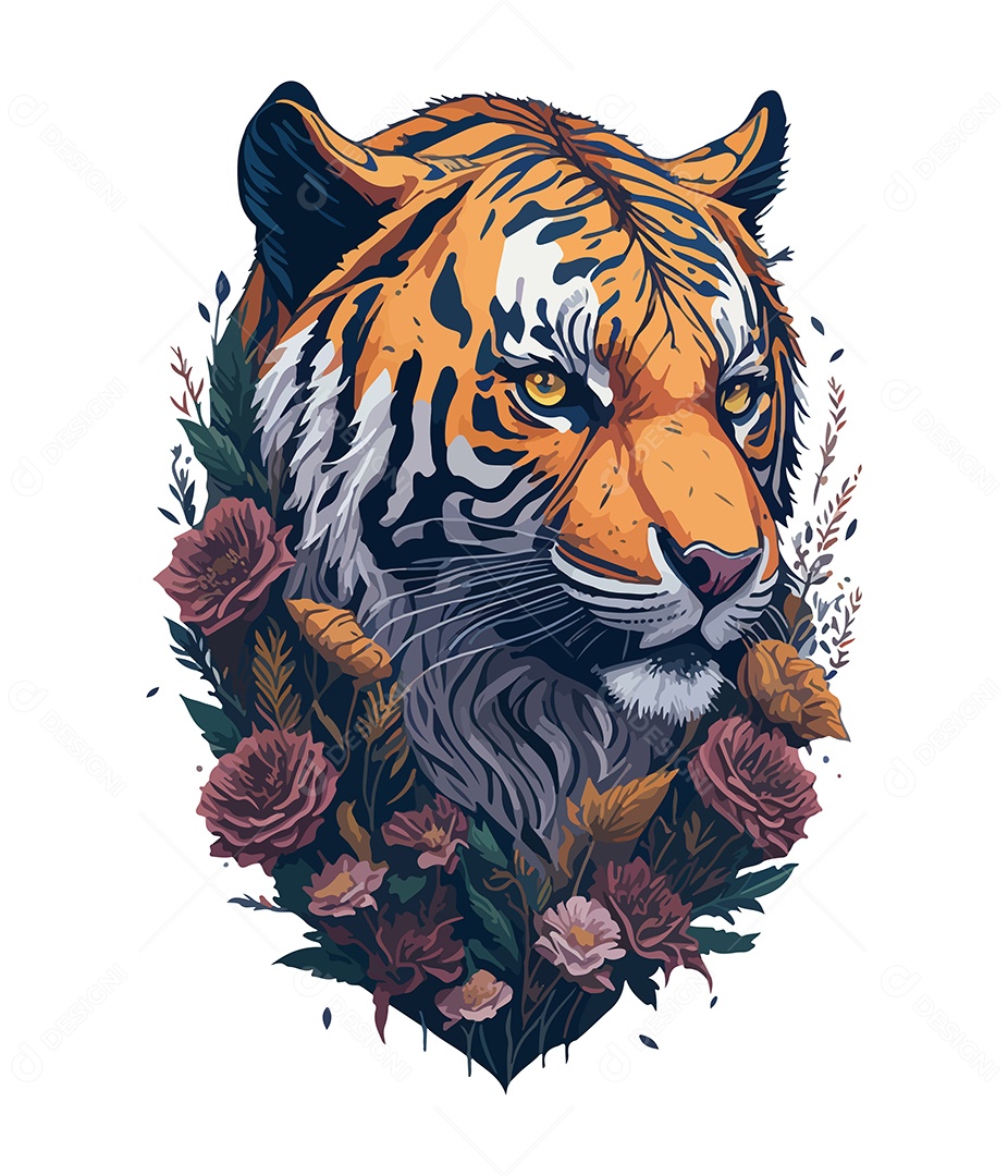 Ilustração 3D Tigre Com Flores EPS Editável