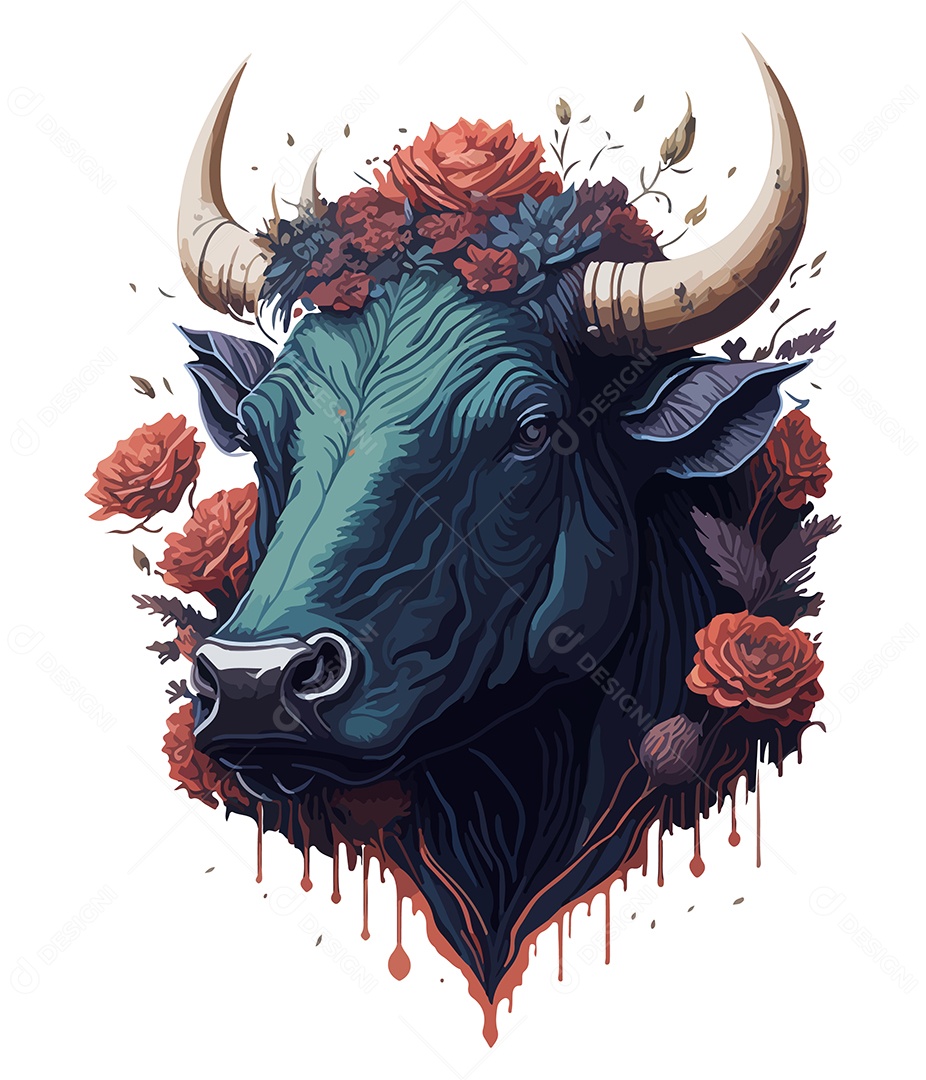 Ilustração 3D Boi Com Flores EPS Editável