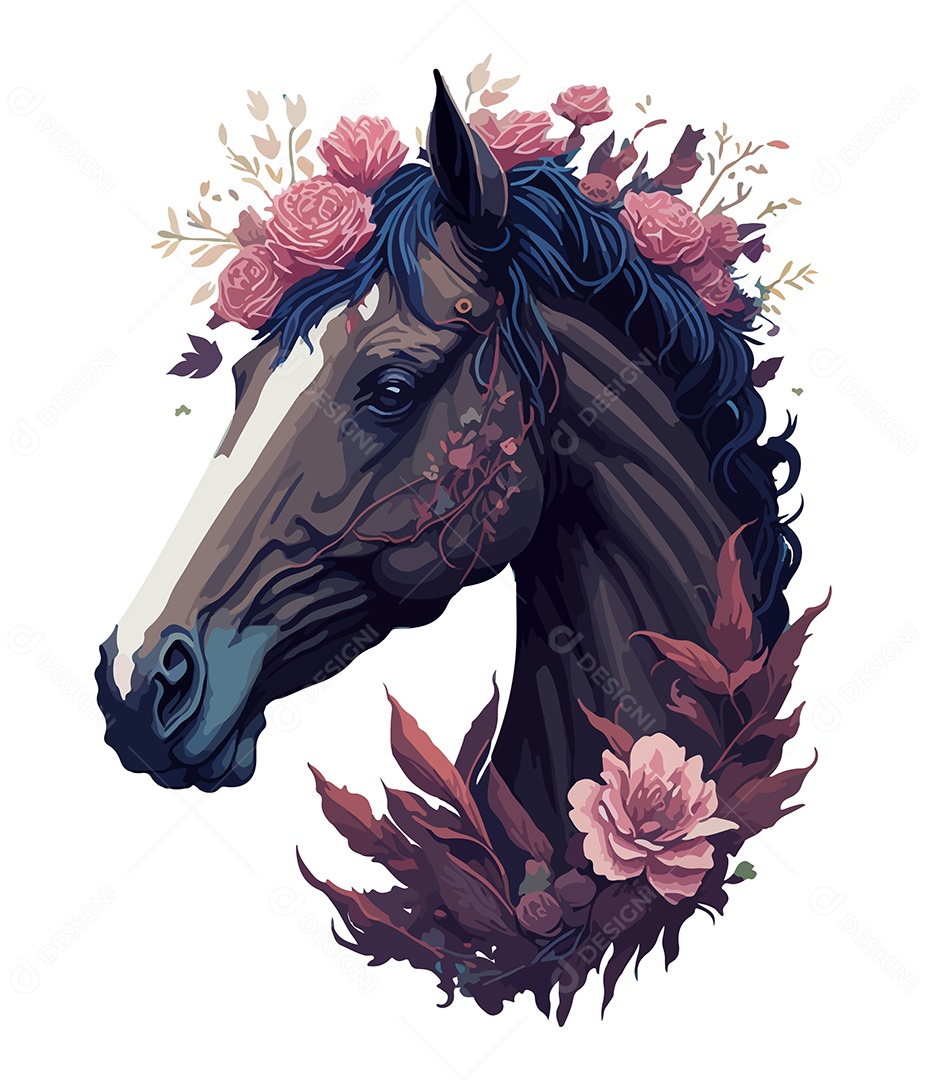 Ilustração 3D Cavalo Com Flores EPS Editável