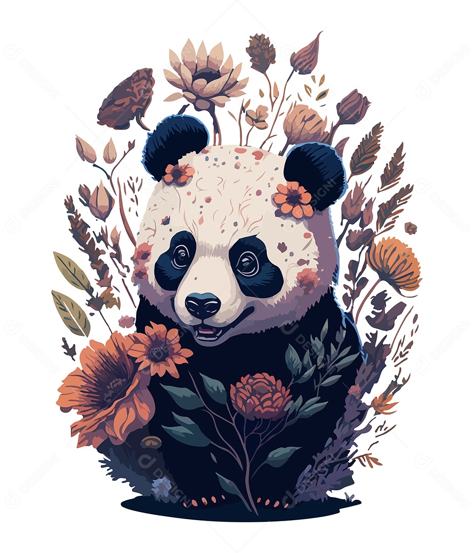 Ilustração 3D Urso Panda Com Flores EPS Editável
