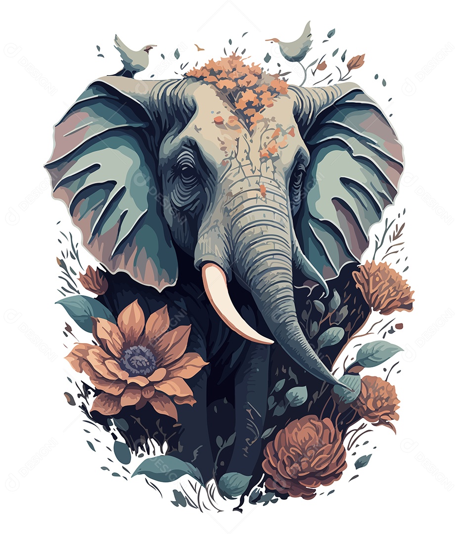 Ilustração 3D Elefante Com Flores EPS Editável