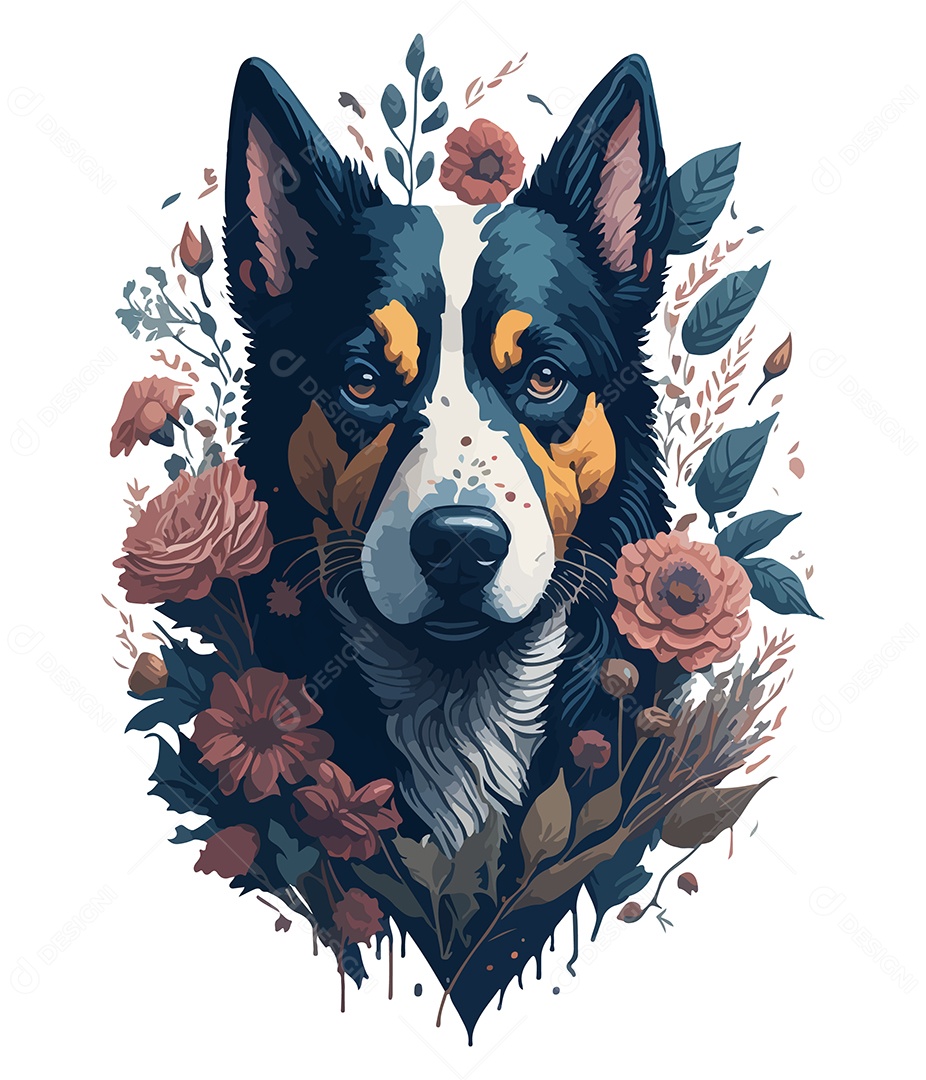 Ilustração 3D Cachorro Com Flores EPS Editável