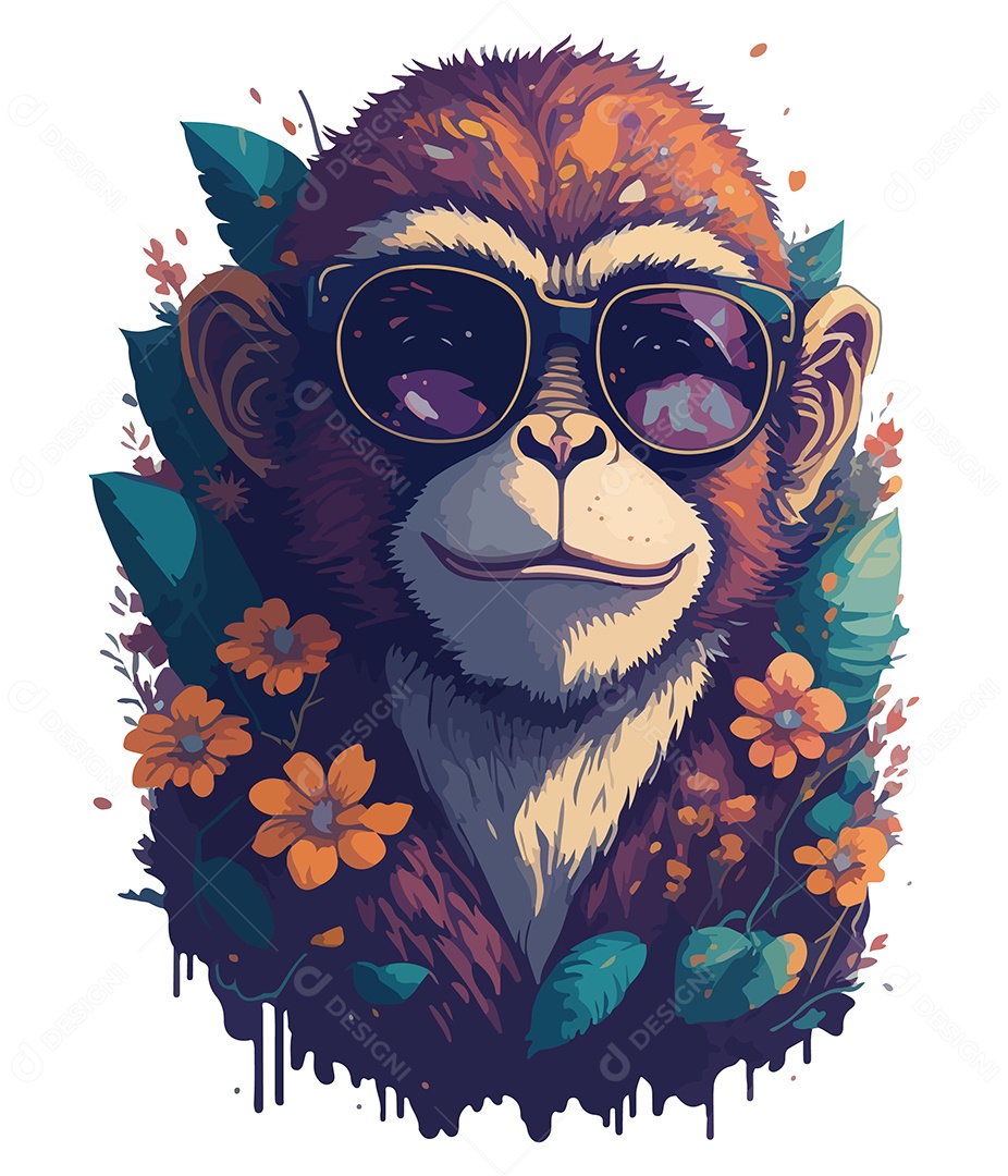 Ilustração 3D Macaco De Óculos Com Flores EPS Editável