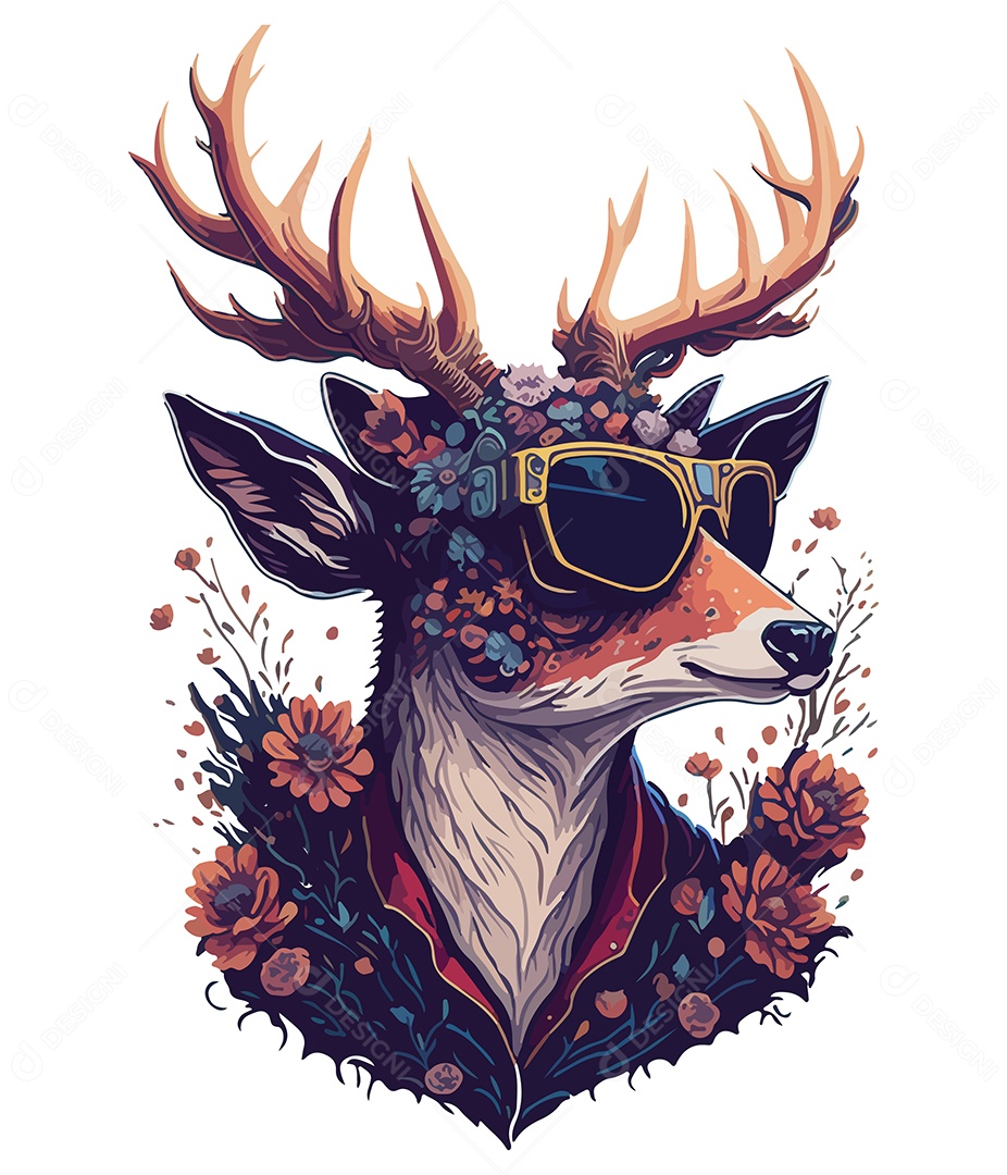 Ilustração 3D Cervo De Óculos Com Flores EPS Editável