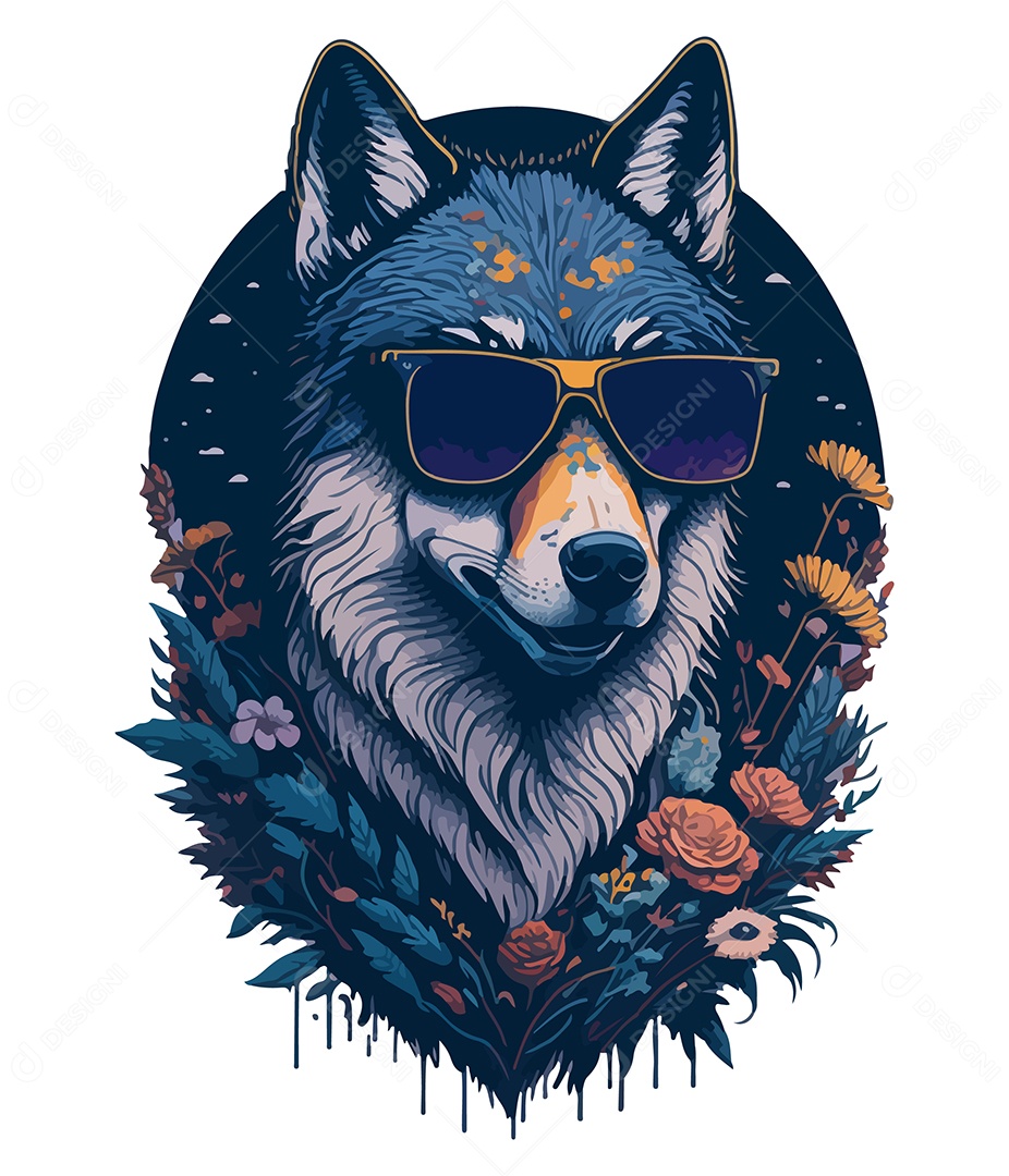 Ilustração 3D Lobo De Óculos Com Flores EPS Editável