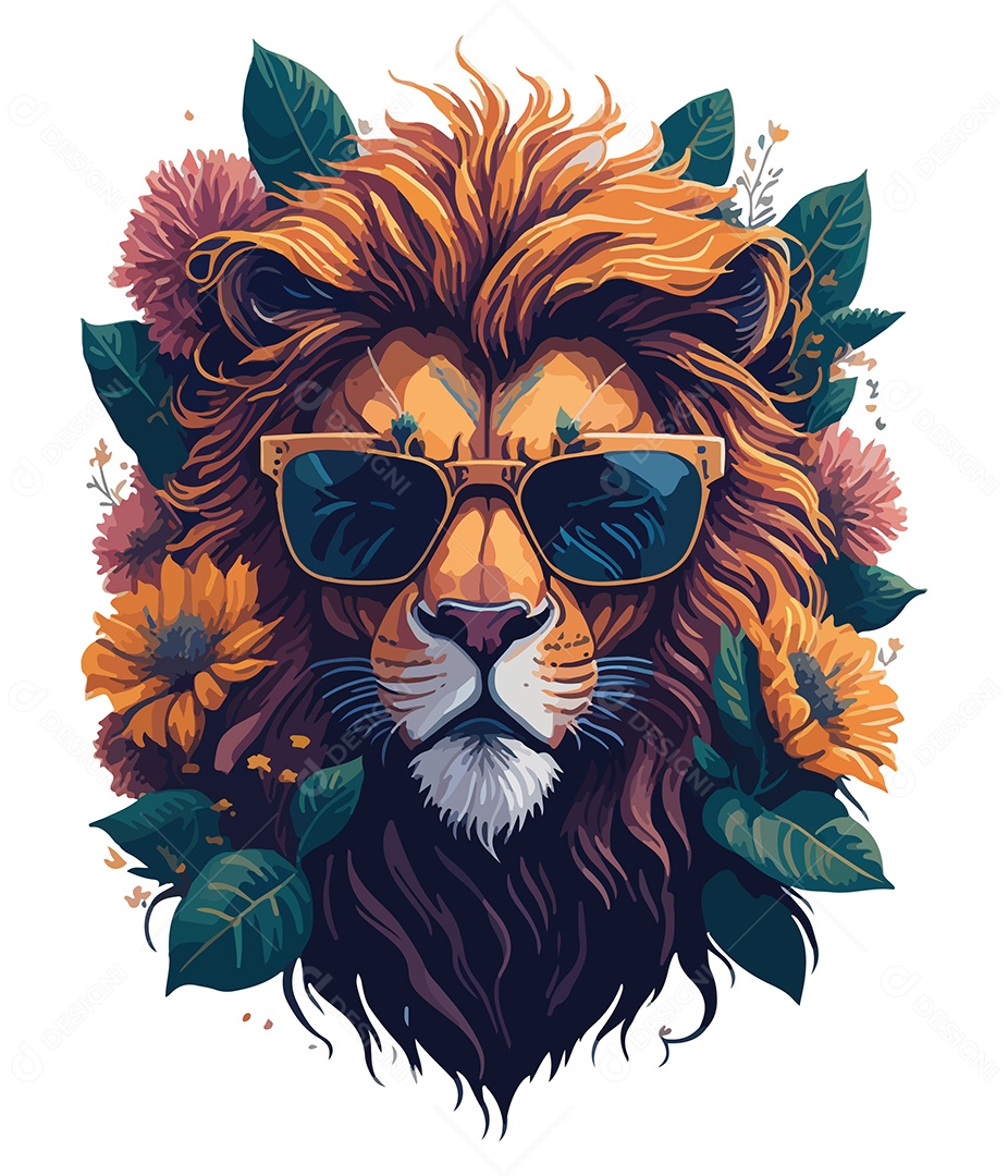 Ilustração 3D Leão De Óculos Com Flores EPS Editável