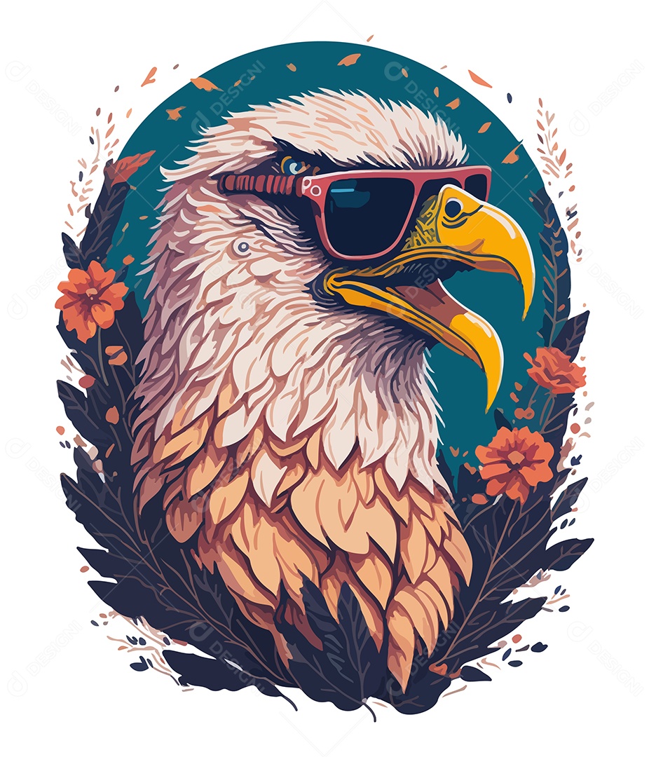 Ilustração 3D Águia De Óculos Com Flores EPS Editável