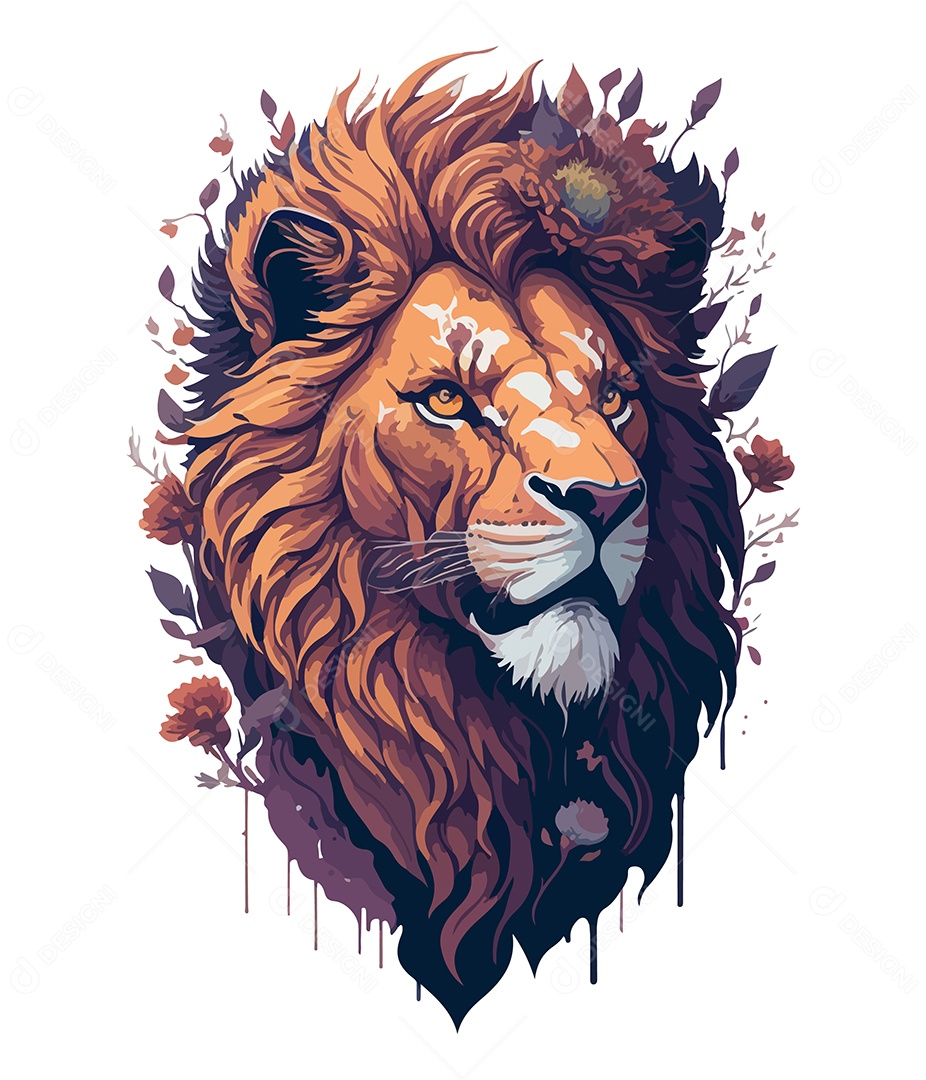 Ilustração 3D Leão Com Flores EPS Editável