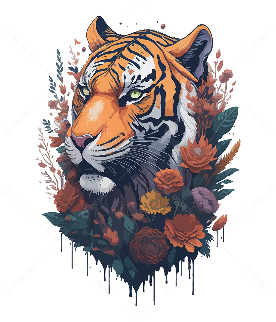 Ilustração 3D Tigre Com Flores EPS Editável