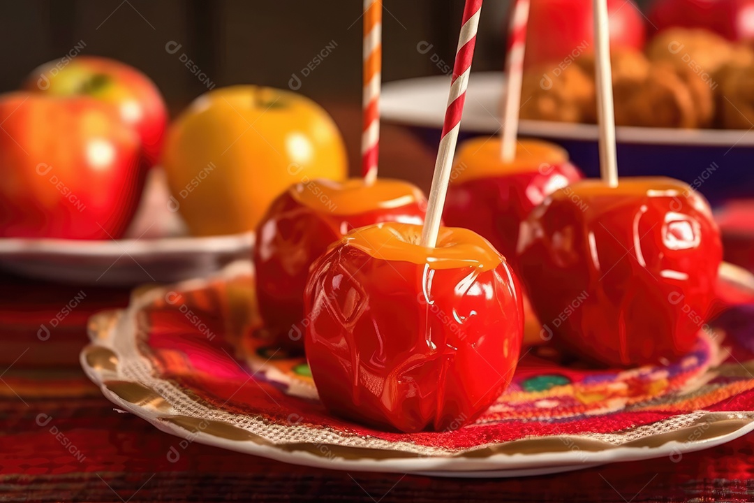 Maçãs de caramelo vermelho doce vidradas típicas de festa junina com palitos