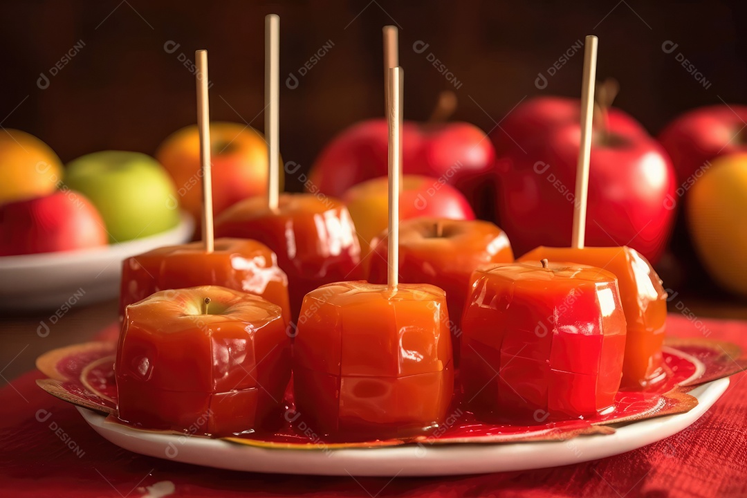 Maçãs de caramelo vermelho doce vidradas típicas de festa junina com palitos