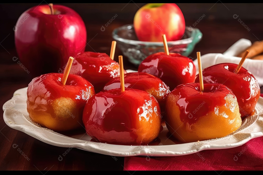 Maçãs de caramelo vermelho doce vidradas típicas de festa junina com palitos