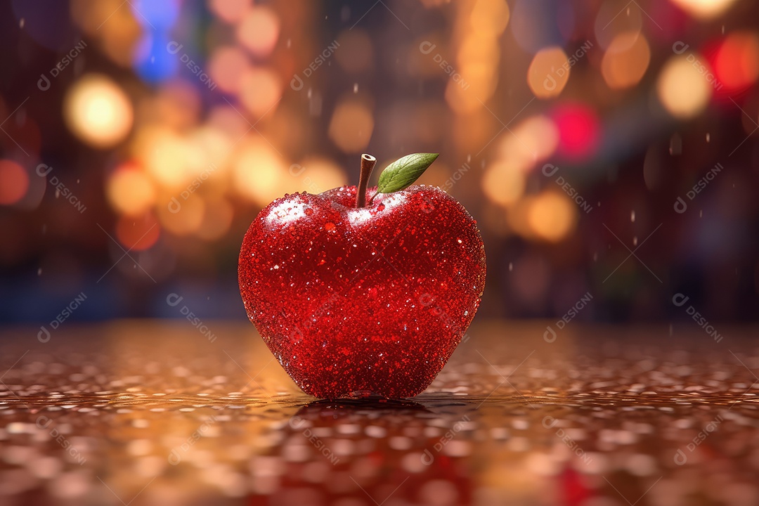 Maçã do amor doce típica da Festa Junina com cobertura e formato de coração.