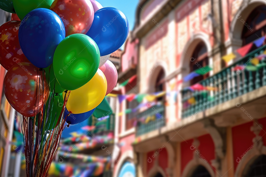 Linda decoração para Festa Junina de São João, com bandeirinhas coloridas, enfeites e balão decorativo para festa junina.