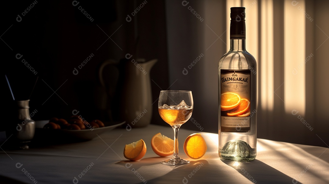 Copo De Whisky Com Gelo e Garrafa