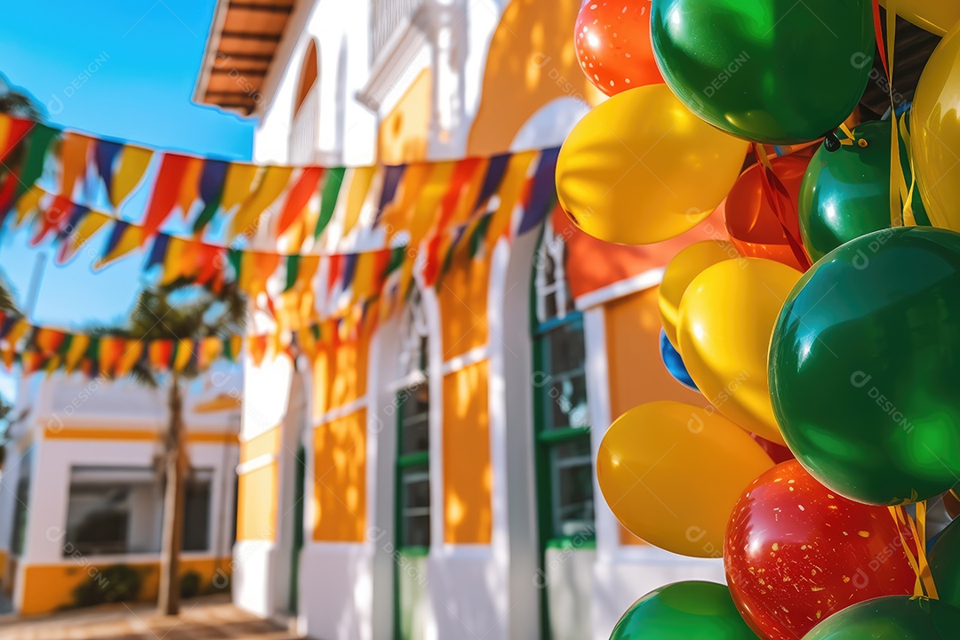 Linda decoração para Festa Junina de São João, com bandeirinhas coloridas, enfeites e balão decorativo para festa junina.