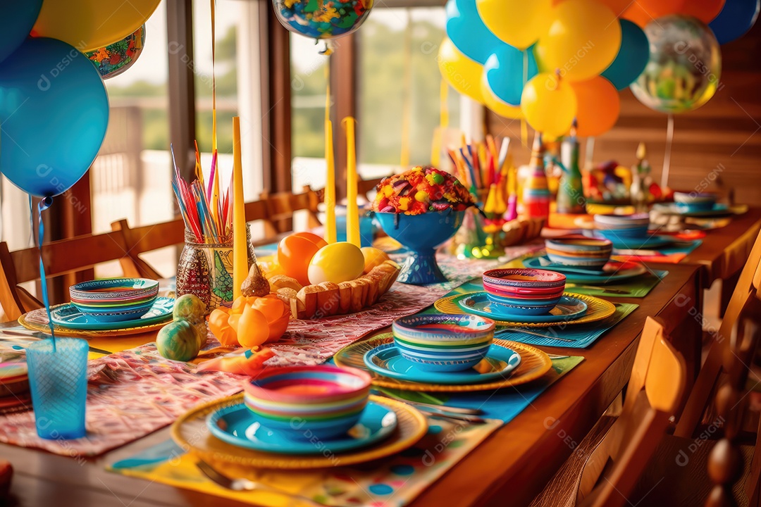 Linda decoração para Festa Junina de São João, com bandeirinhas coloridas, enfeites e balão decorativo para festa junina.