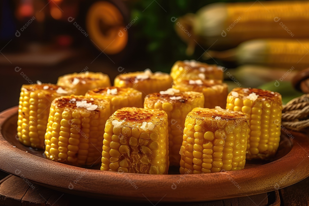 Porção de milho verde grelhado servida para a festa junina da Festa Junina de São João.