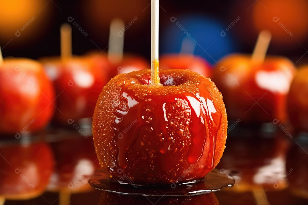 Maçãs de caramelo vermelhas doces vitrificadas típicas da festa junina com palitos