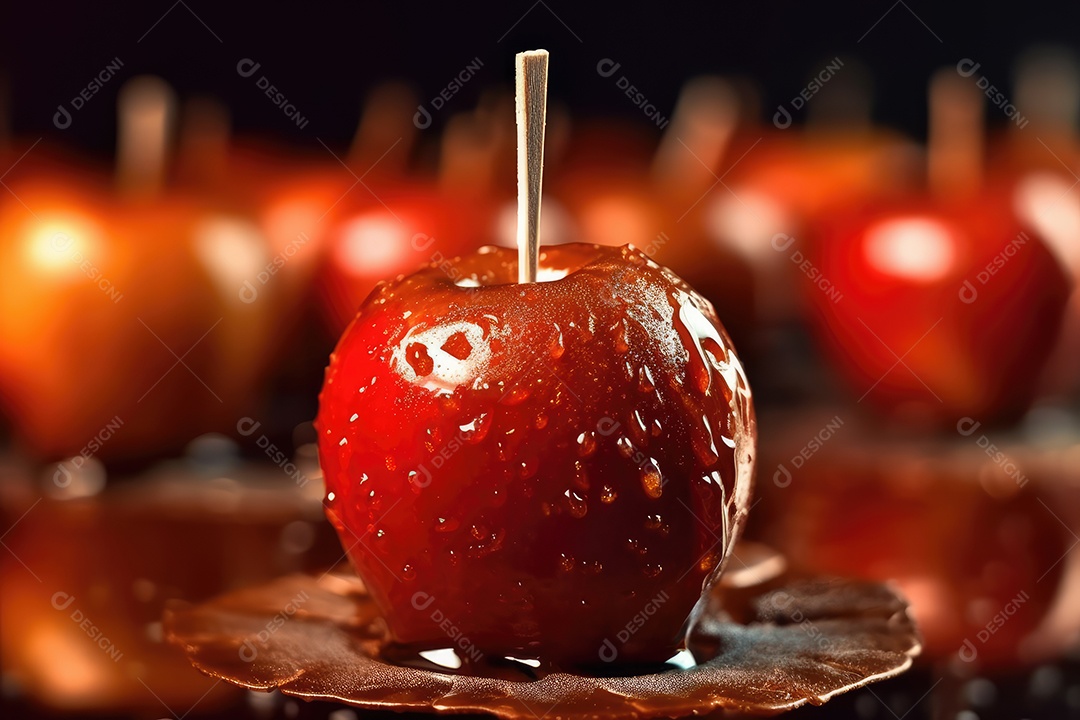 Maçãs de caramelo vermelhas doces vitrificadas típicas da festa junina com palitos