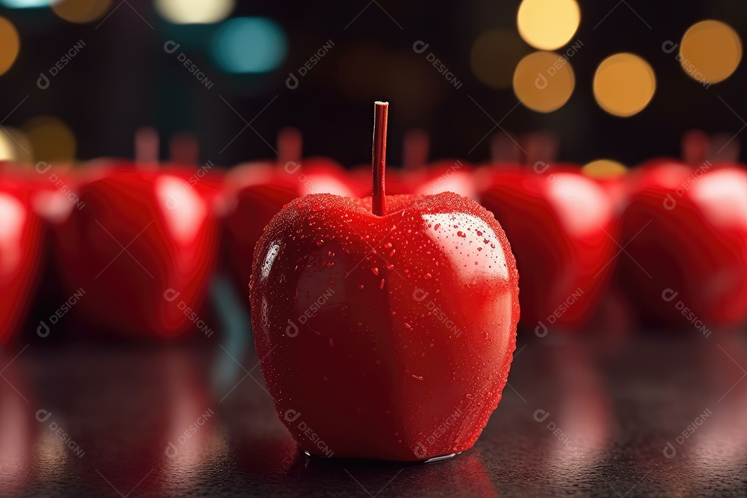 Maçãs de caramelo vermelhas doces vitrificadas típicas da festa junina com palitos