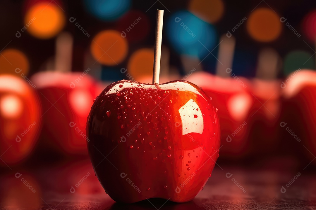 Maçãs de caramelo vermelho doce vidradas típicas de festa junina com palitos