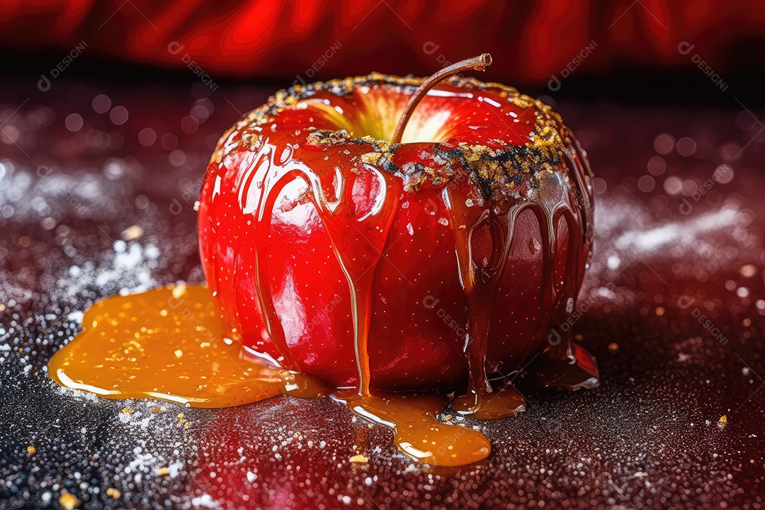 Maçãs de caramelo vermelhas doces vitrificadas típicas da festa junina com palitos