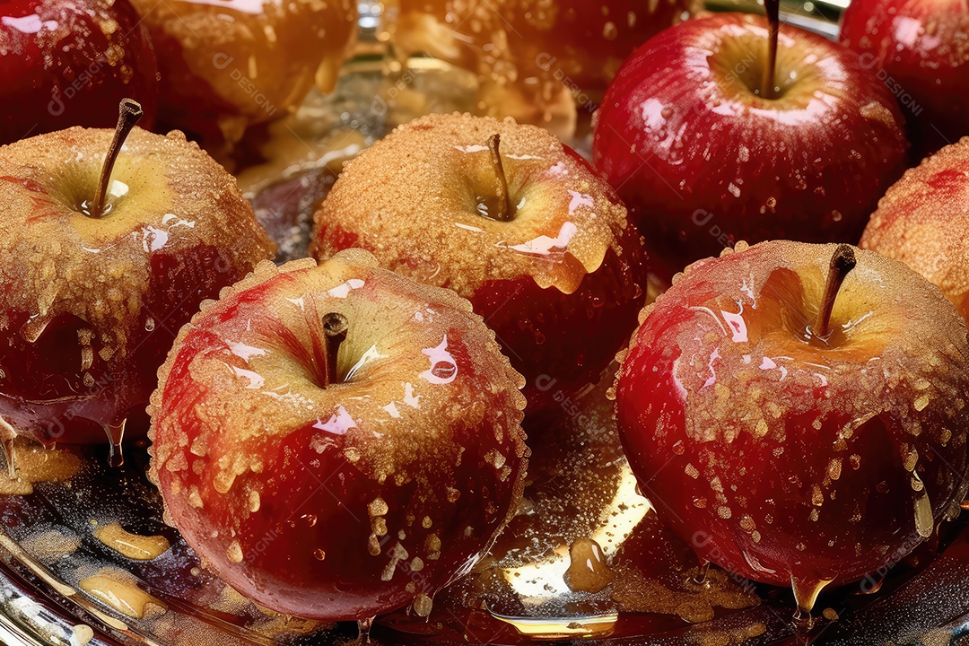 Maçãs de caramelo vermelhas doces vitrificadas típicas da festa junina com palitos