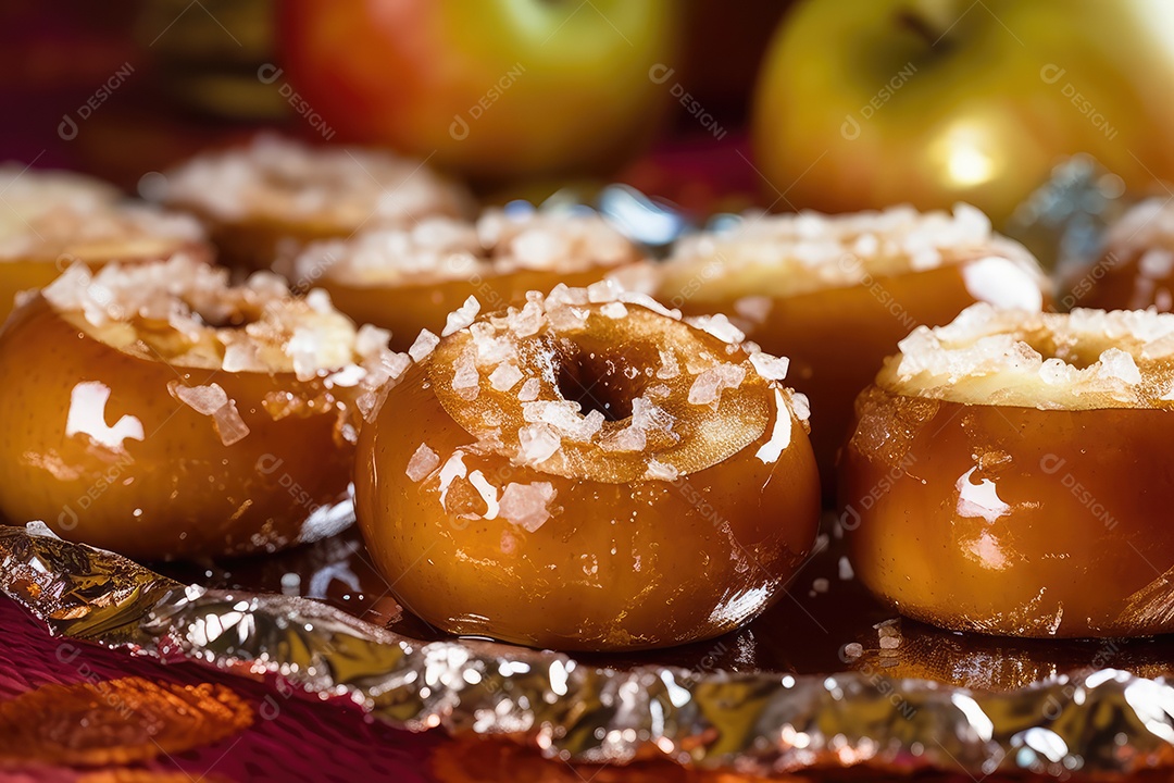 Maçãs de caramelo vermelhas doces vitrificadas típicas da festa junina com palitos