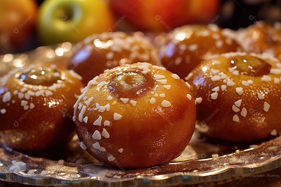 Maçãs de caramelo vermelhas doces vitrificadas típicas da festa junina com palitos